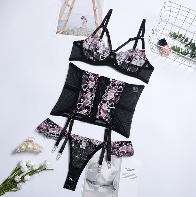 Three Pieces Female Sexy Lingerie Love Embroidery Girdle Cross Strap Sexy Lingerie